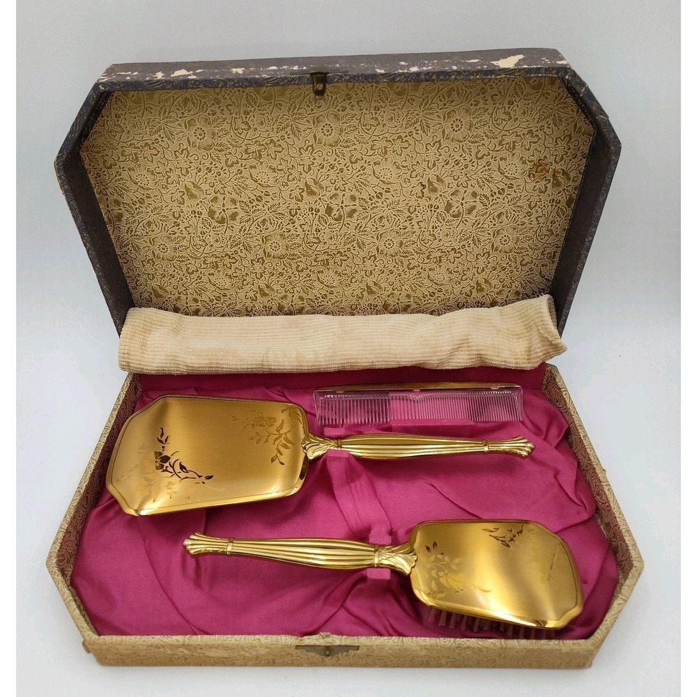 VTG Mirror Hairbrush Comb Handler FLORAL DESIGN Vanity Antq Goldtoned B507SA3572
